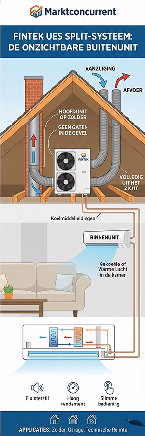 infografic UES aircosystemen zonder buiten unit met de werking en installatie van het spilt airco systeem