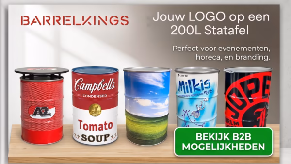 Marktconcurrent nieuwsbericht banner voor gepersonaliseerde B2B BarrelKings olievaten. Vijf vaten met unieke full-color ontwerpen (waaronder Campbell's en AZ) staan opgesteld in een moderne kantooromgeving.